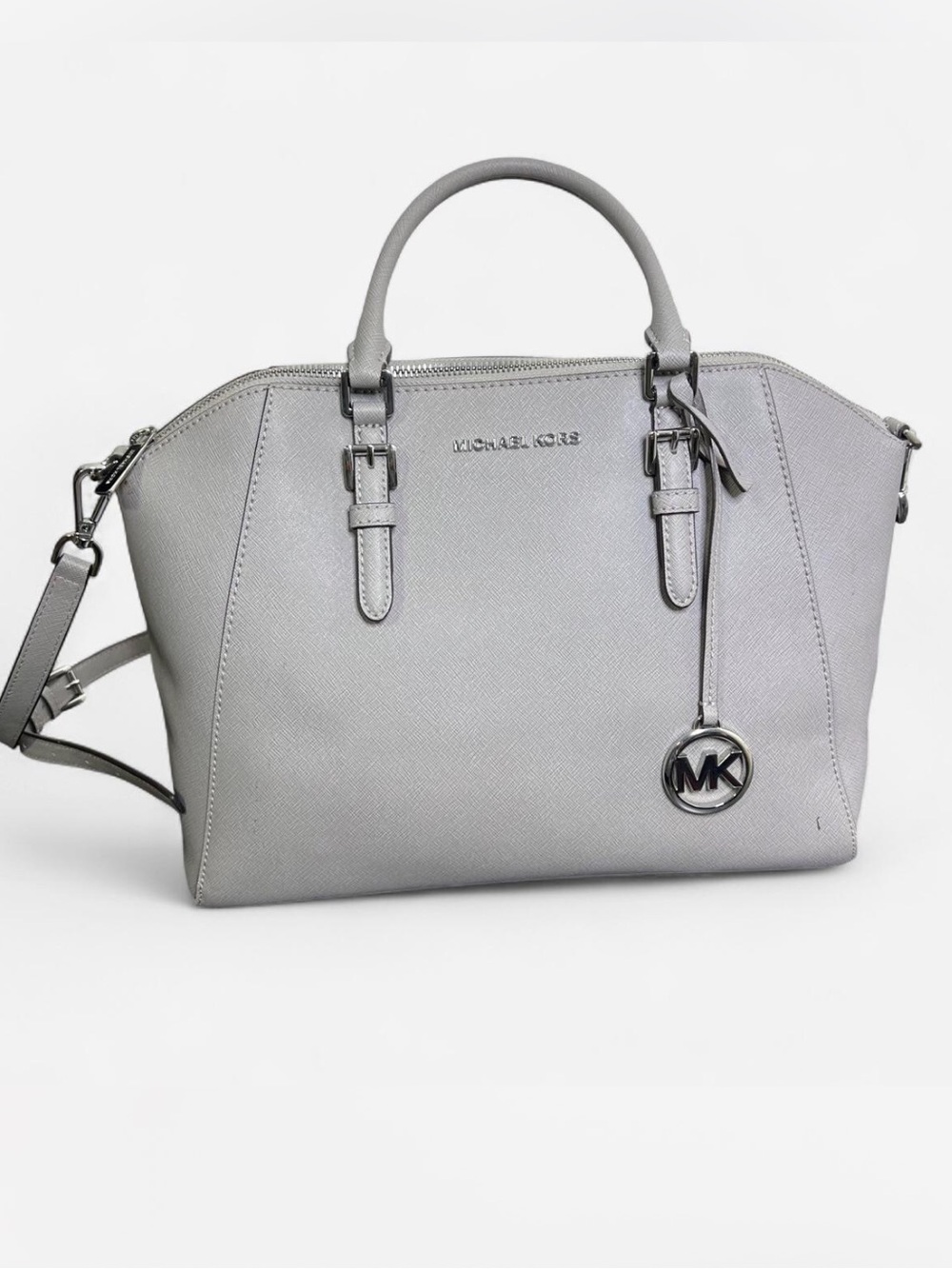 Michael Kors Light Grey Saffiano Satchel with MK Charm